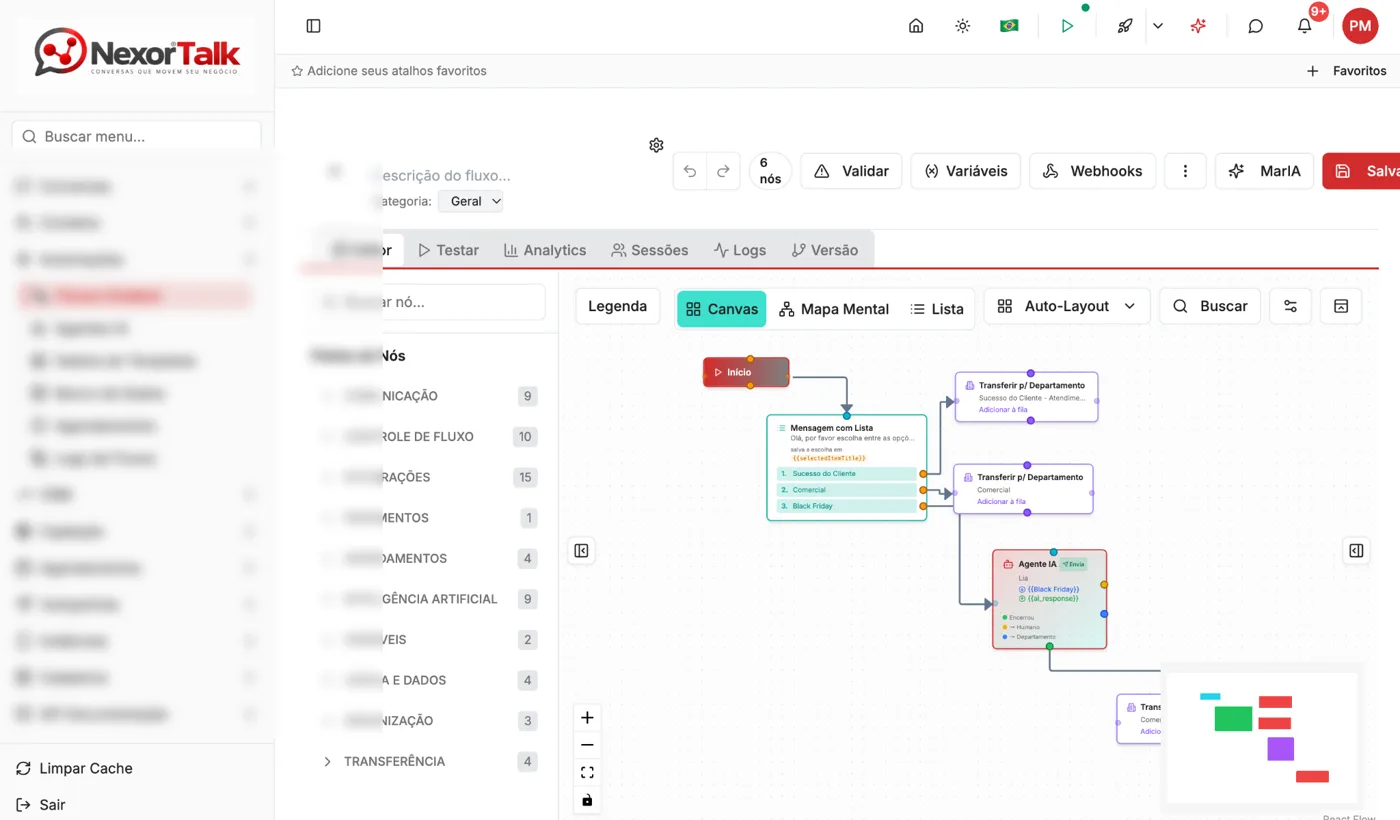 Editor visual dos fluxos do Nexor Talk